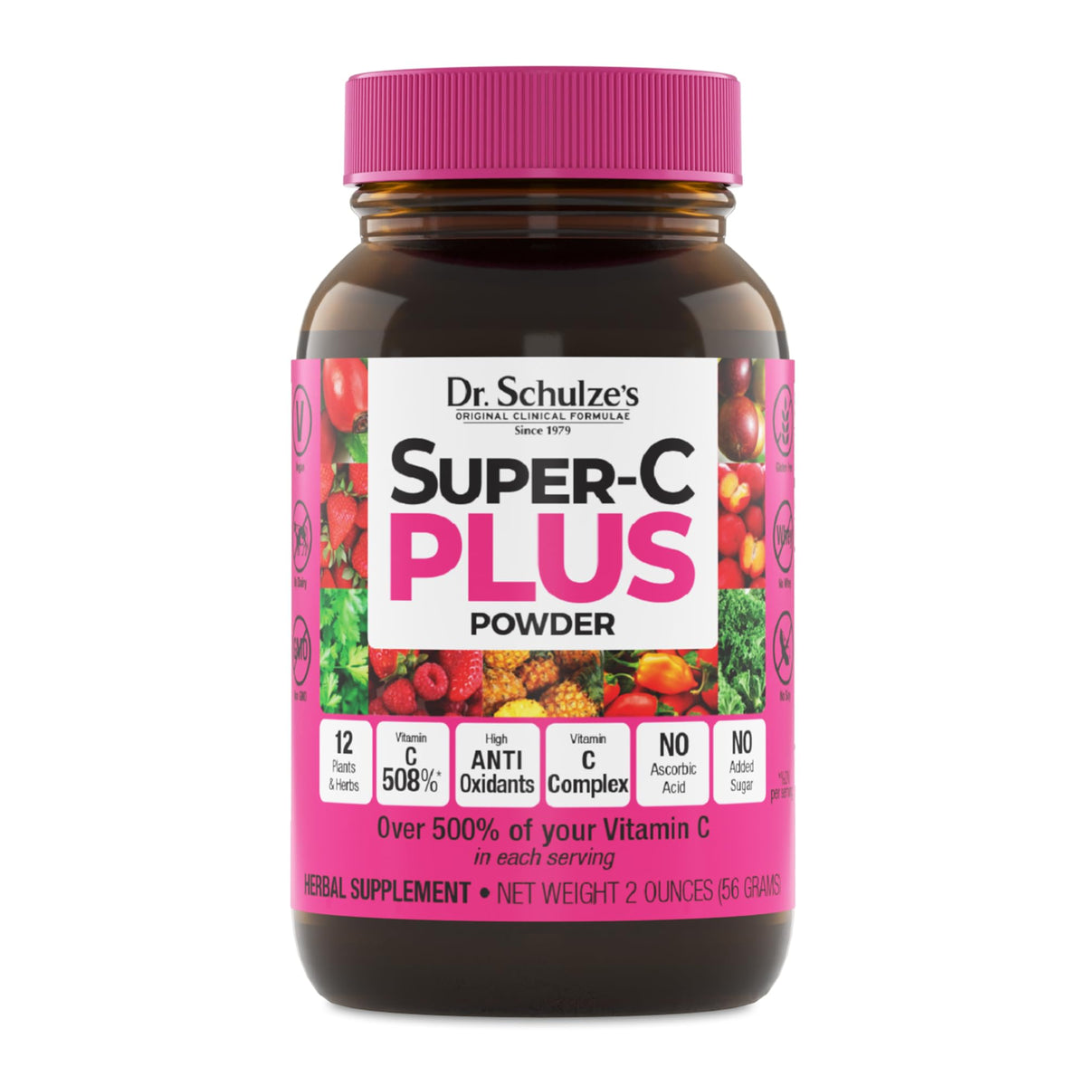 Dr. Schulze's Super-C Plus bottle pour showing easy daily immune support.