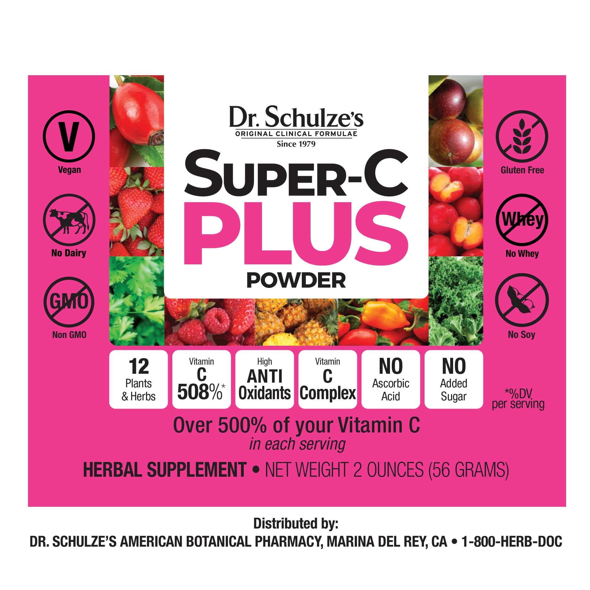 Dr. Schulze's Super-C Plus gluten-free vegan labeling for clean plant-based nutrition.