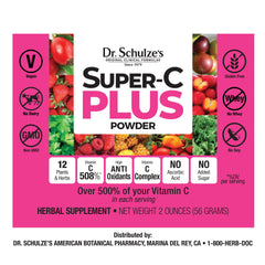 Dr. Schulze's Super-C Plus gluten-free vegan labeling for clean plant-based nutrition.