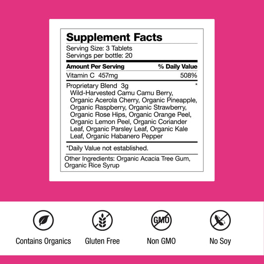 Close-up of Super-C Plus tablets highlighting chewable daily-use form.