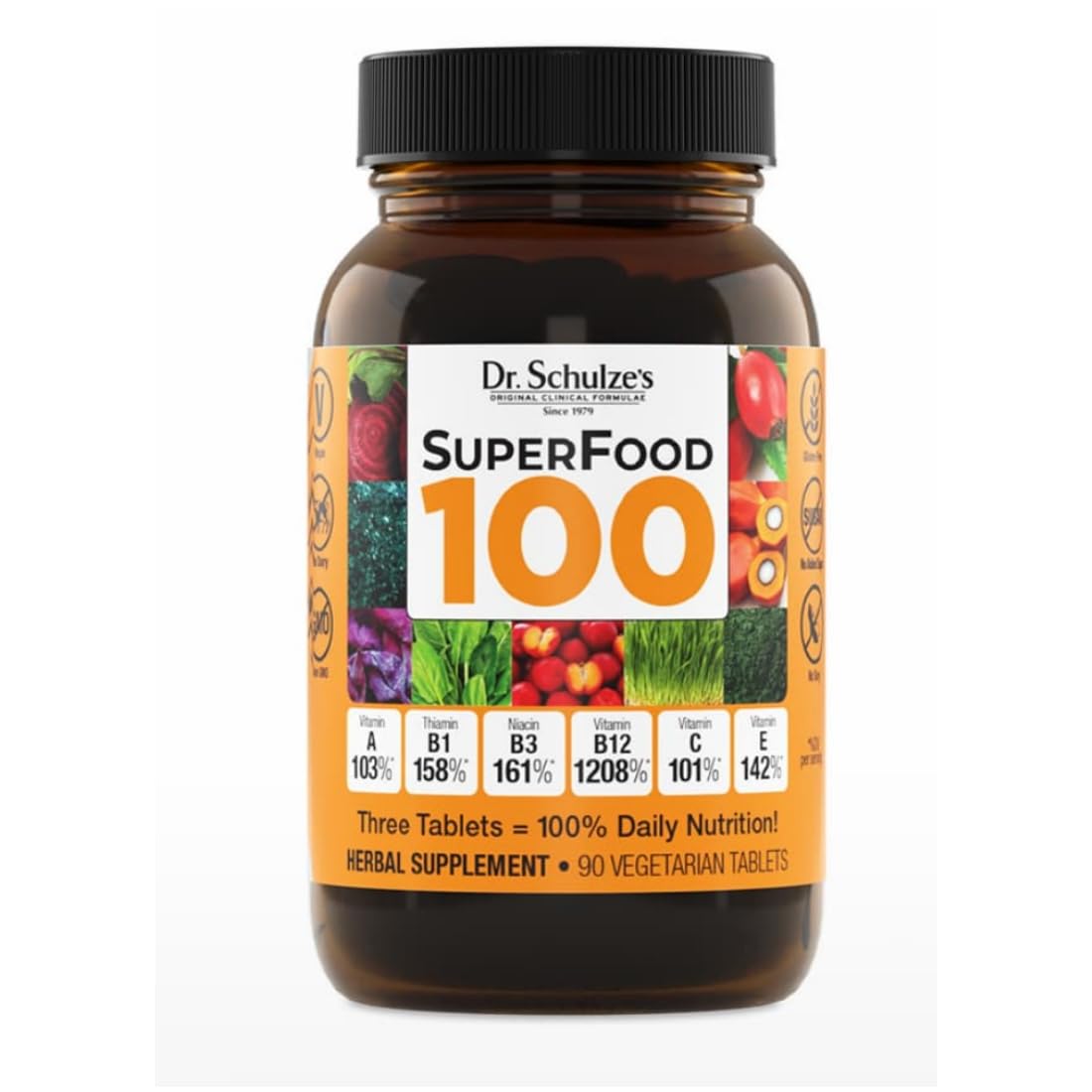 Dr. Schulze's SuperFood 100 bottle front showing plant-based daily nutrition