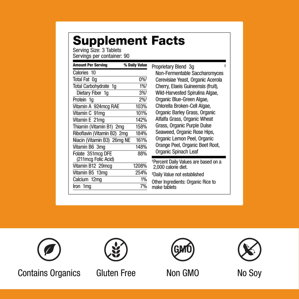 Dr. Schulze's SuperFood 100 bottle side showing gluten-free, dairy-free formulation.