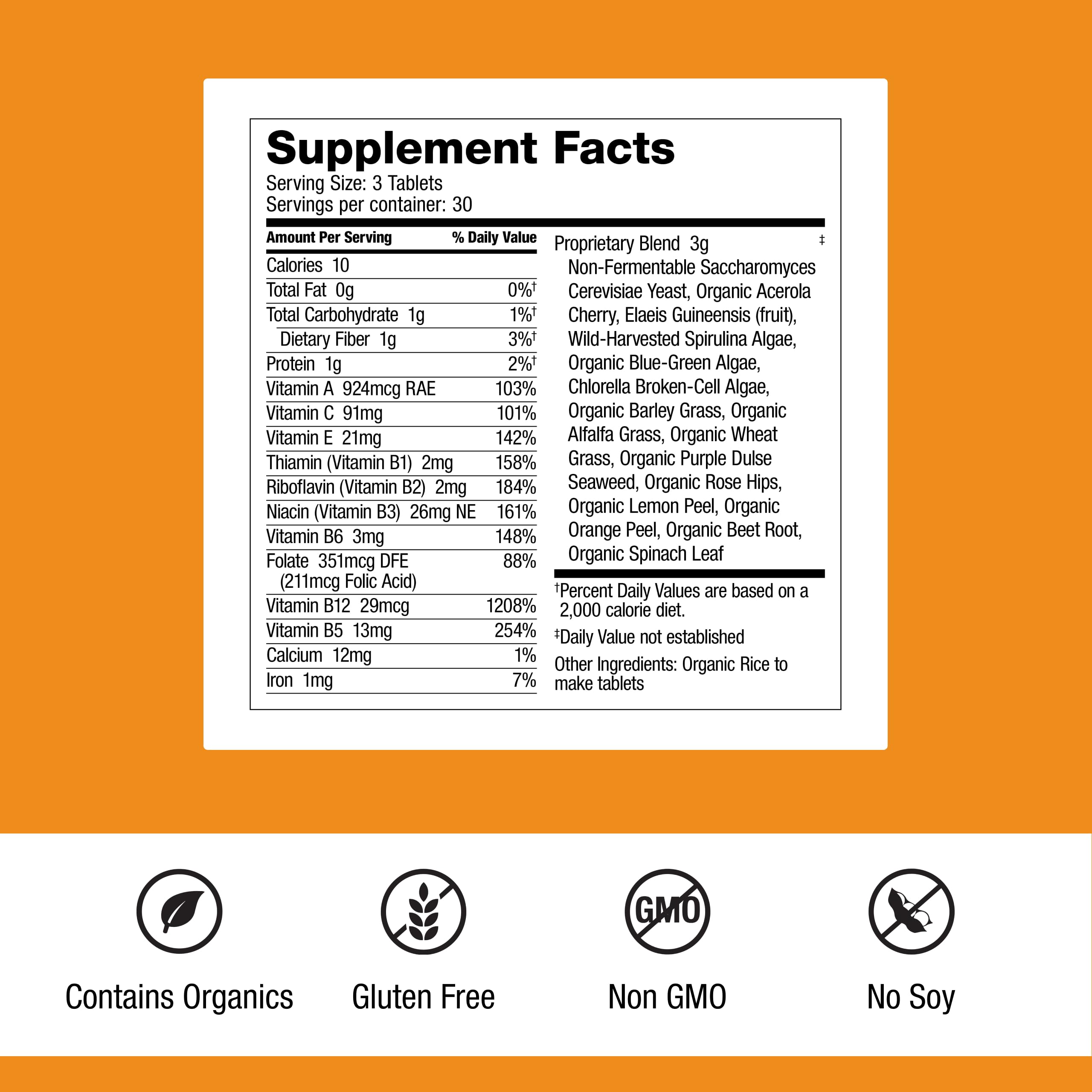 Dr. Schulze's SuperFood 100 label close-up highlighting vegan and gluten-free claims