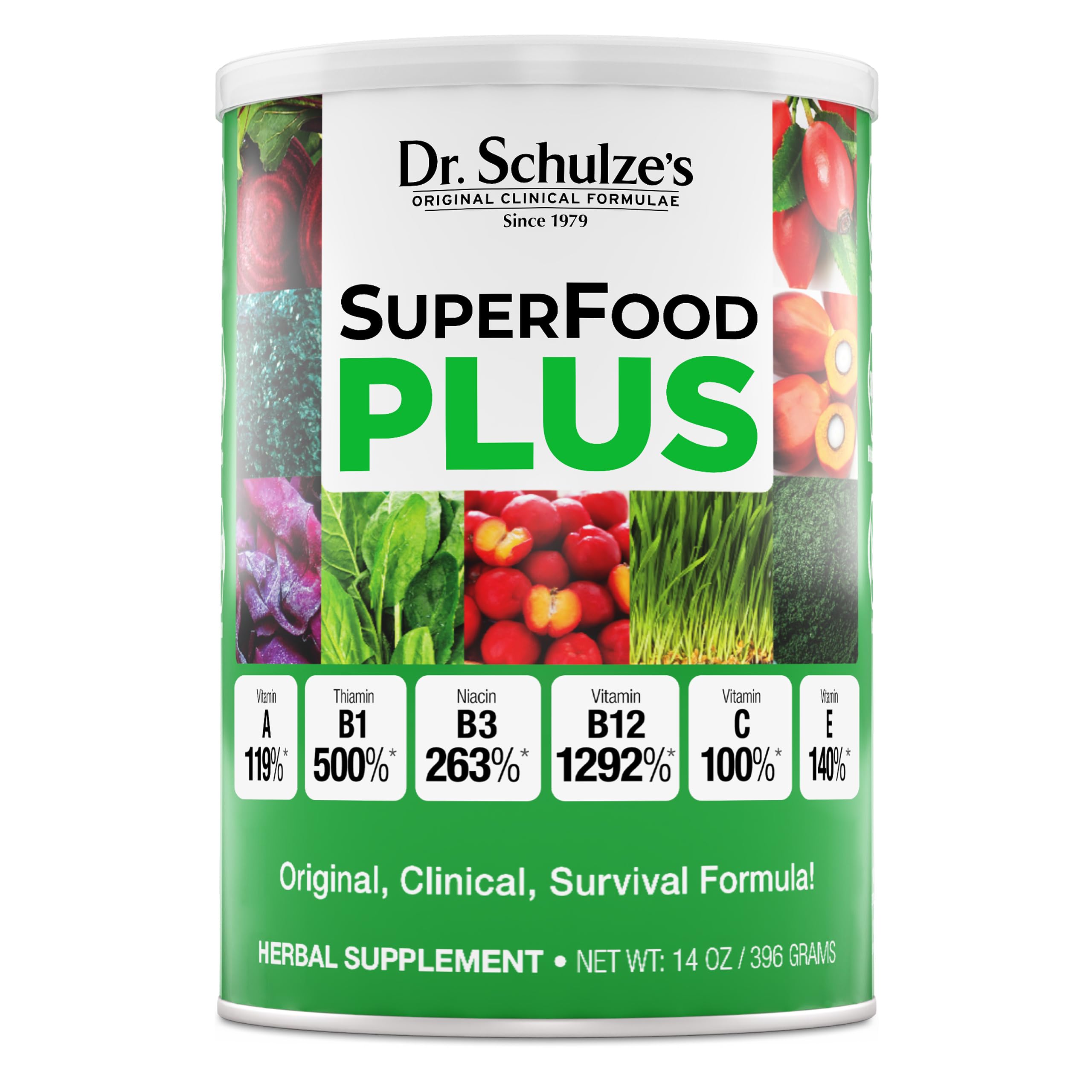 Dr. Schulze's SuperFood Plus bottle front for daily plant-based nutrition