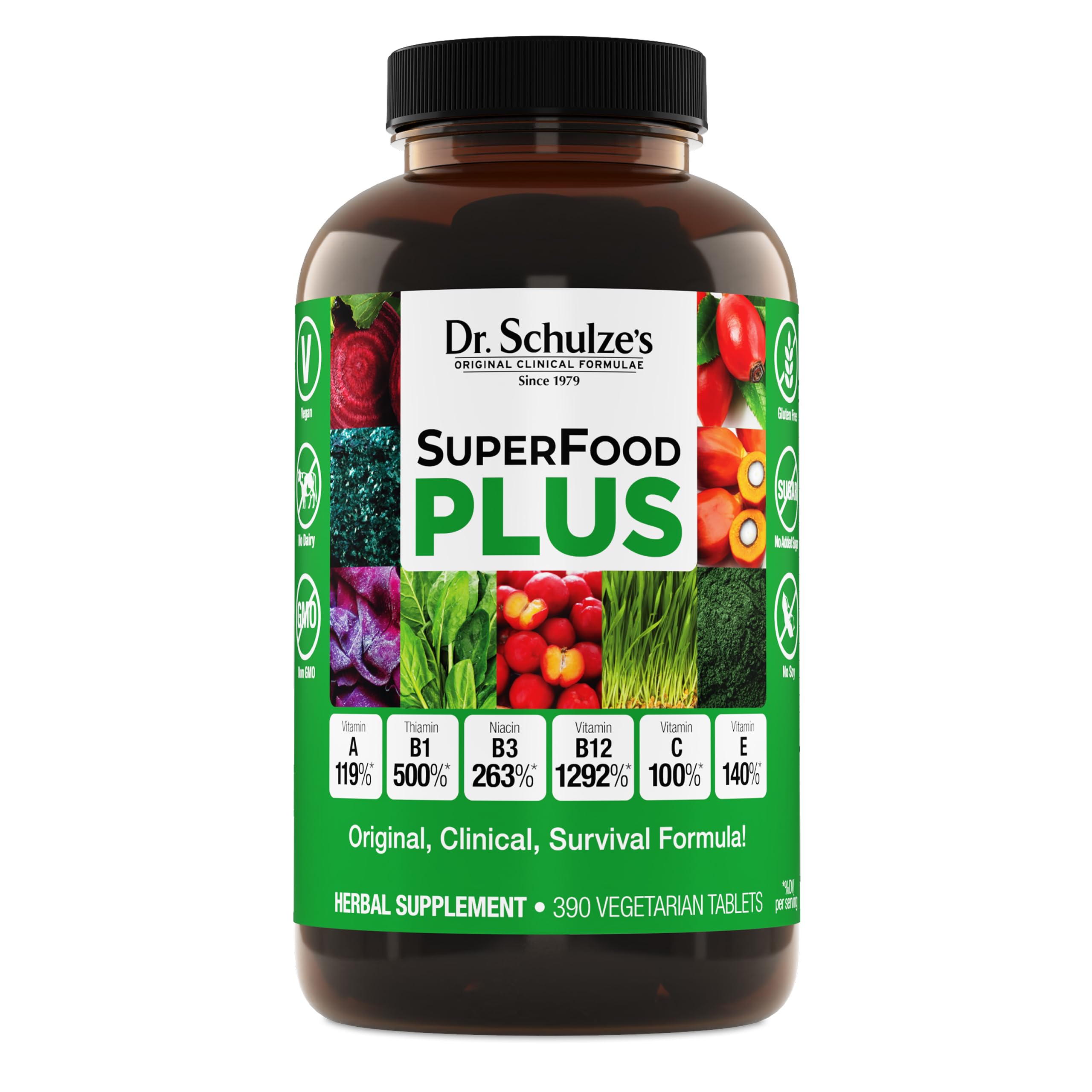 Dr. Schulze's SuperFood Plus bottle ready for daily wellness support.