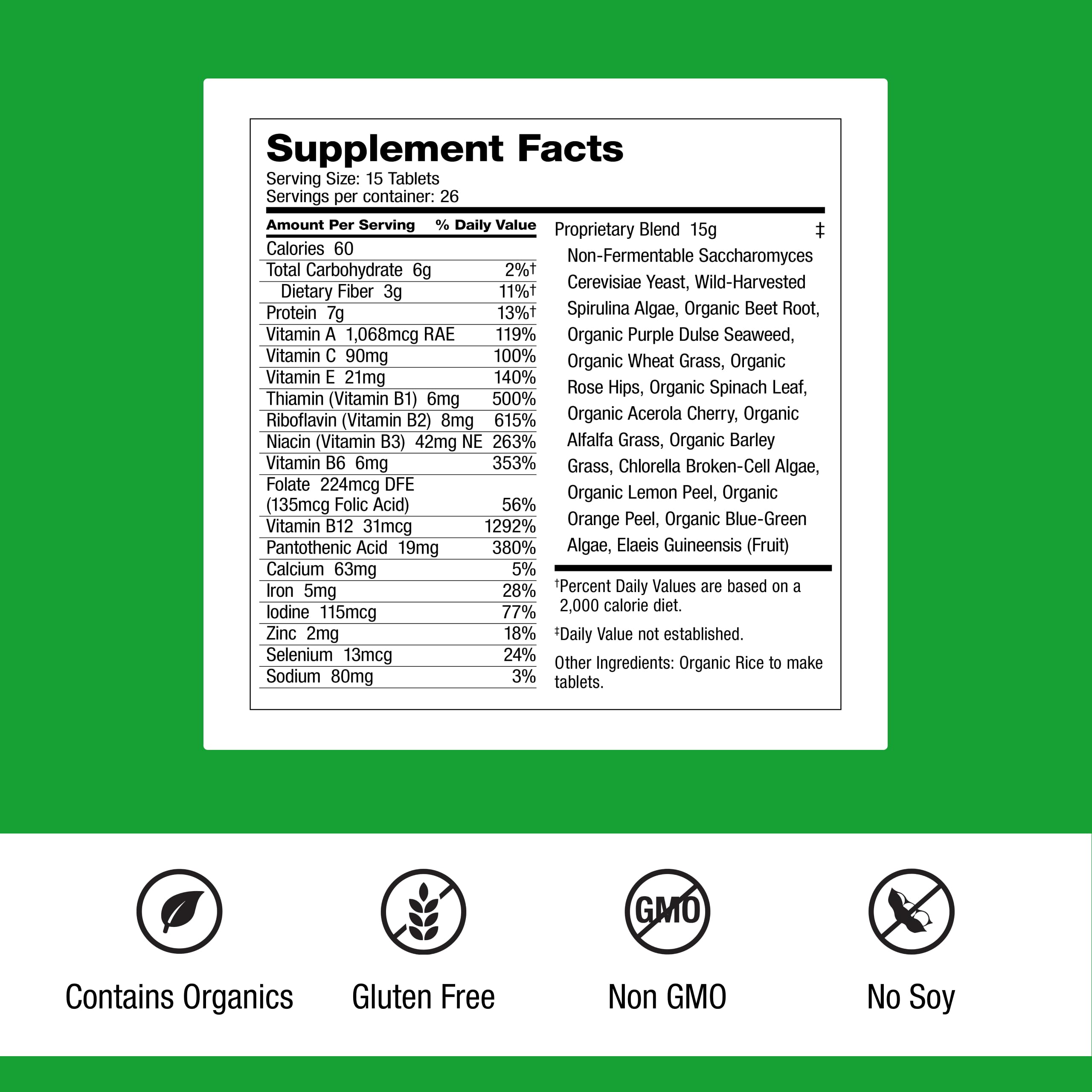 Closeup of Dr. Schulze's SuperFood Plus label highlighting vegan, gluten-free formula.