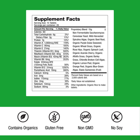 Closeup of Dr. Schulze's SuperFood Plus label highlighting vegan, gluten-free formula.