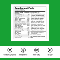 Closeup of Dr. Schulze's SuperFood Plus label highlighting vegan, gluten-free formula.