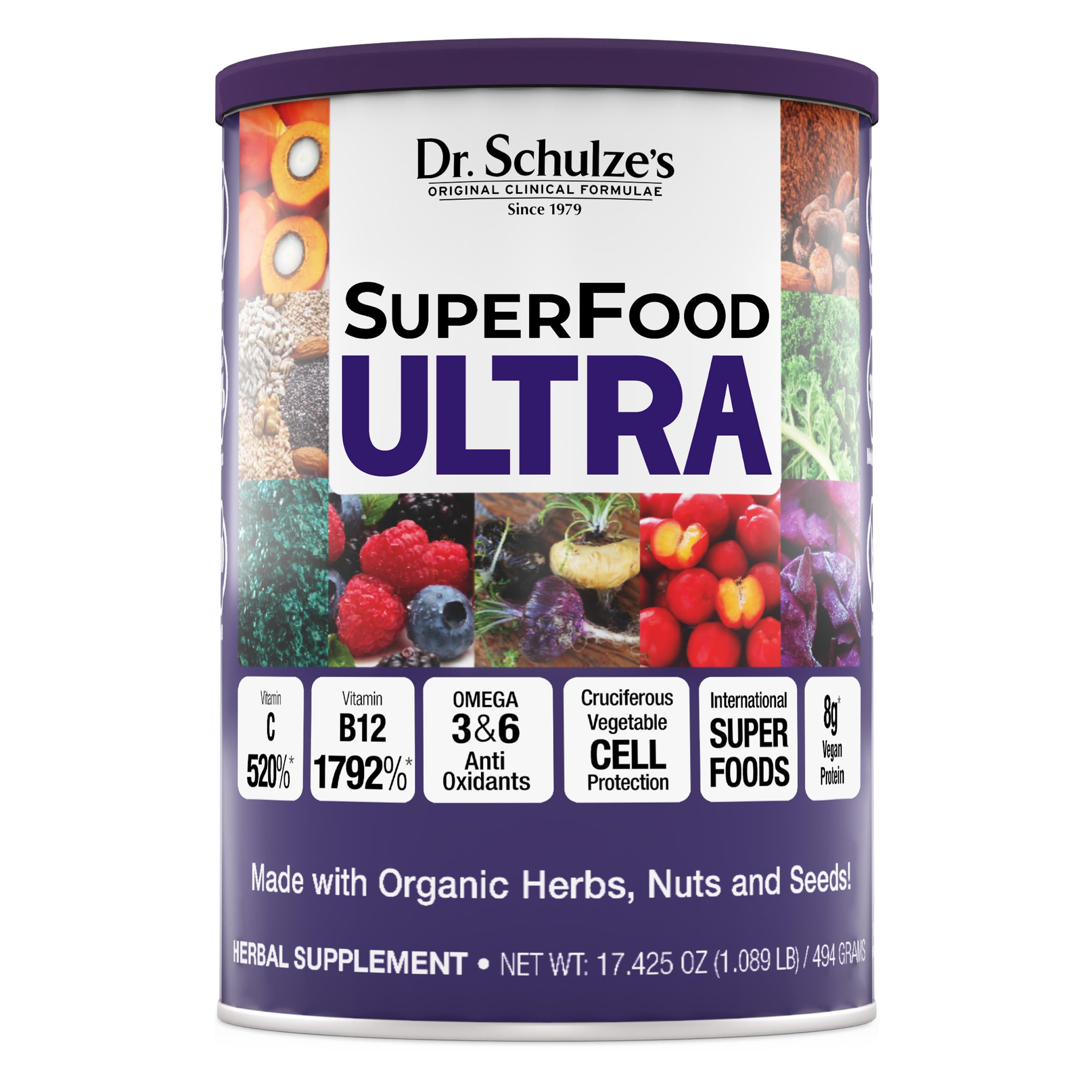 Dr. Schulze's SuperFood Ultra front tub shows organic vegan formula for everyday nutrition.