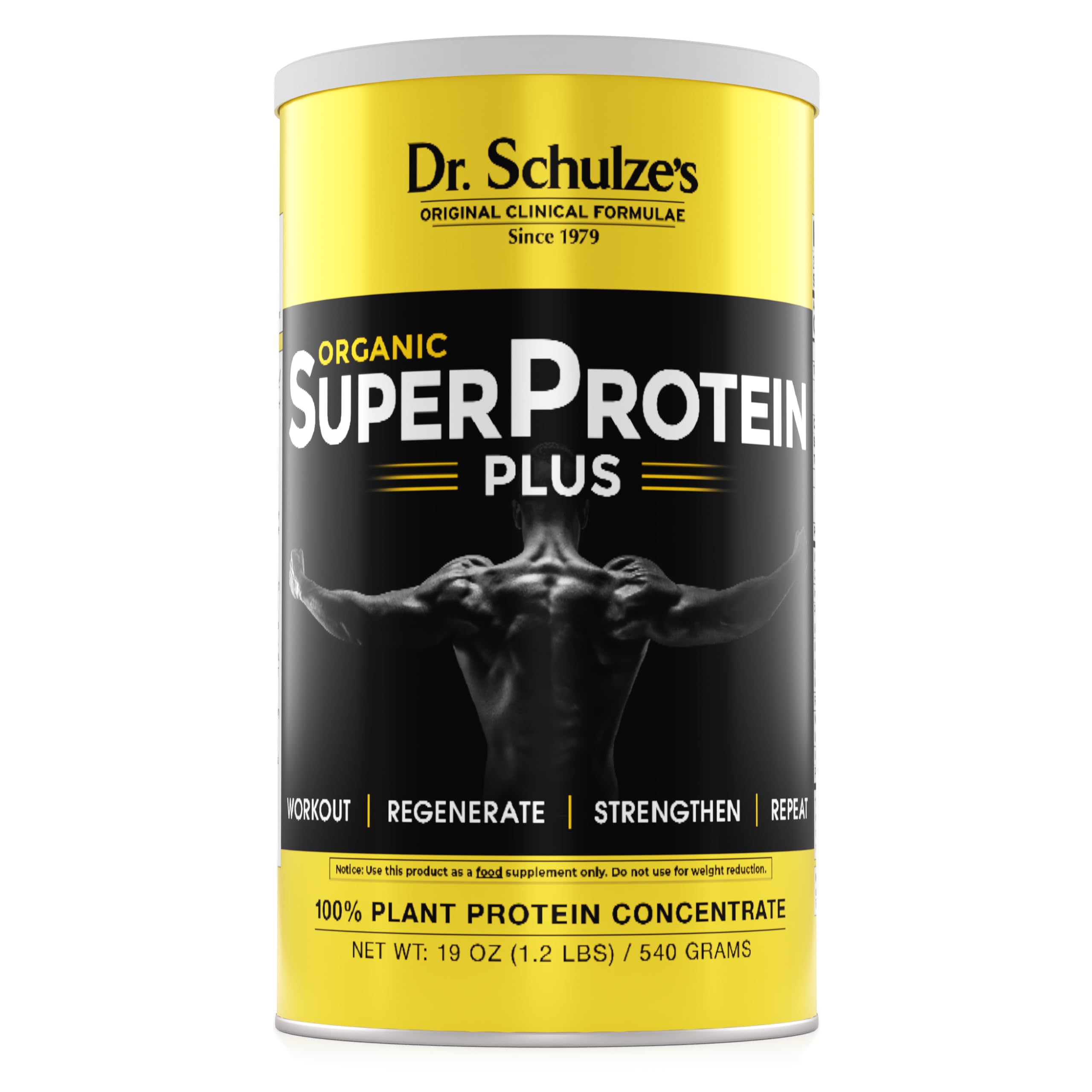 Dr. Schulze's SuperProtein Plus bottle for vegan, gluten-free daily protein