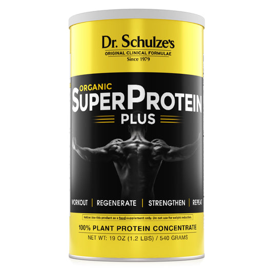 Dr. Schulze's SuperProtein Plus bottle for vegan, gluten-free daily protein