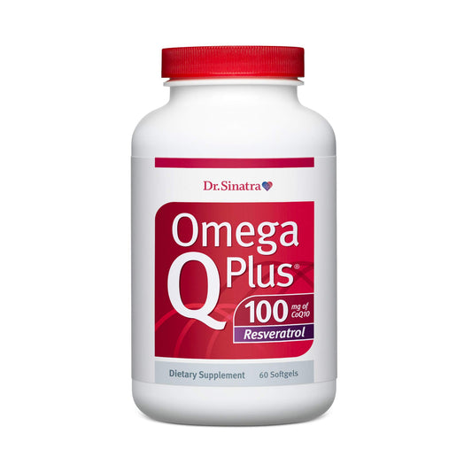 Dr. Sinatra Omega Q Plus 100 Resveratrol bottle front shows heart health support
