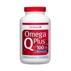 Dr. Sinatra Omega Q Plus bottle with red softgels for heart support.