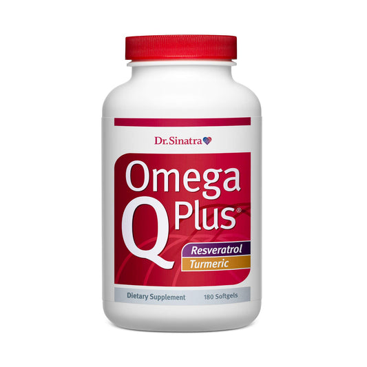 Dr. Sinatra Omega Q Plus bottle pour illustrating daily heart-support routine