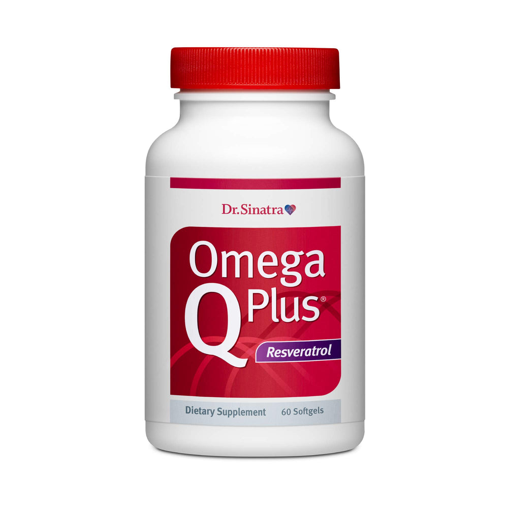 Dr. Sinatra Omega Q Plus Resveratrol bottle front view, supporting heart health and aging gracefully.