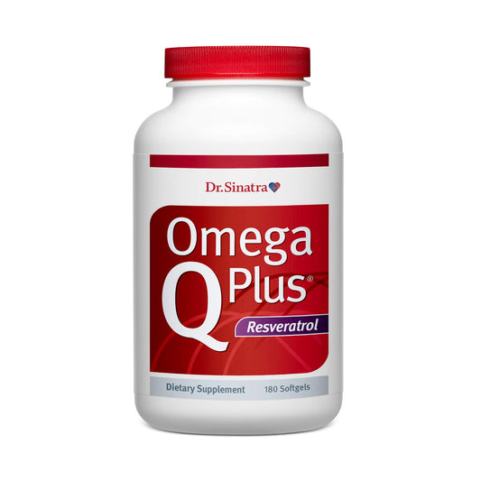 Dr. Sinatra Omega Q Plus Resveratrol bottle displaying heart-healthy blend for daily support.