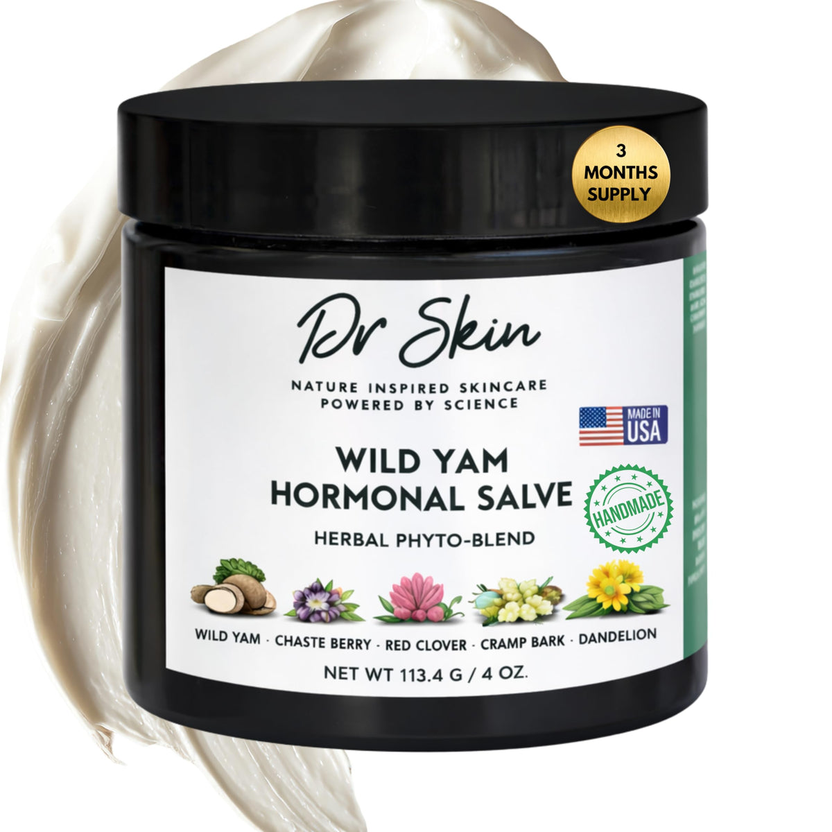 Dr Skin Organic Wild Yam Cream bottle shows herbal formula for daily comfort.