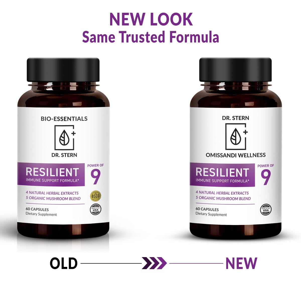 Dr. Stern Resilient capsules close-up highlighting organic mushroom blend.