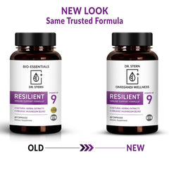 Dr. Stern Resilient capsules close-up highlighting organic mushroom blend.