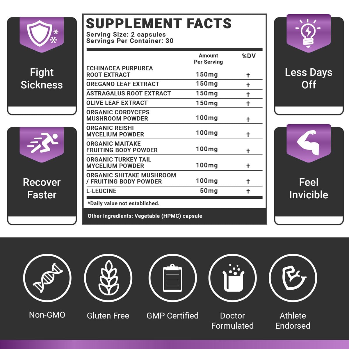 Dr. Stern Resilient organic mushroom blend ingredients label showing quality sourcing.