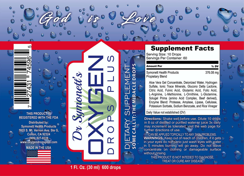 Packaging box view of Dr. Symonett's Oxygen Drops Plus premium supplement