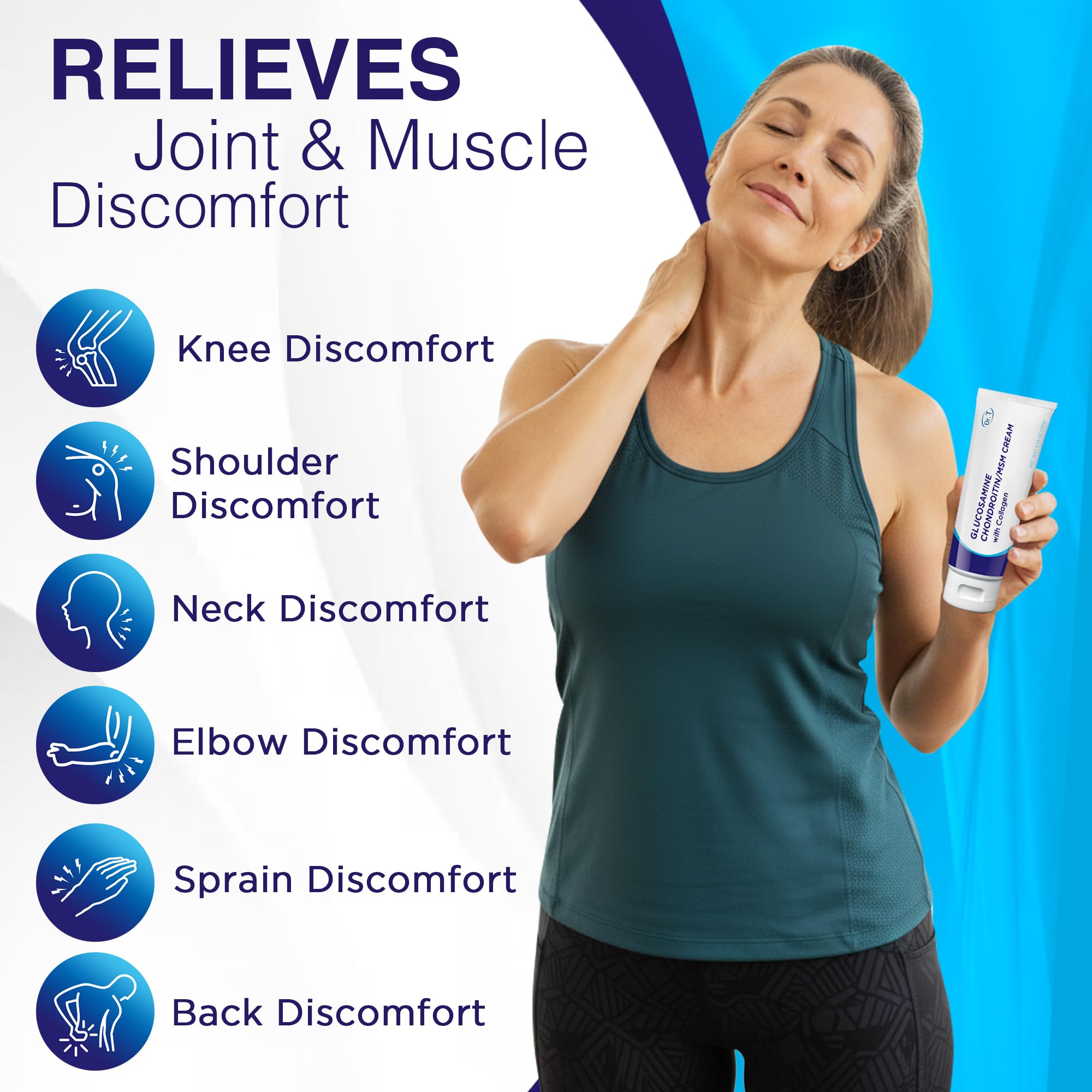 Dr. T Glucosamine Cream with menthol cooling on sore knees and shoulders.