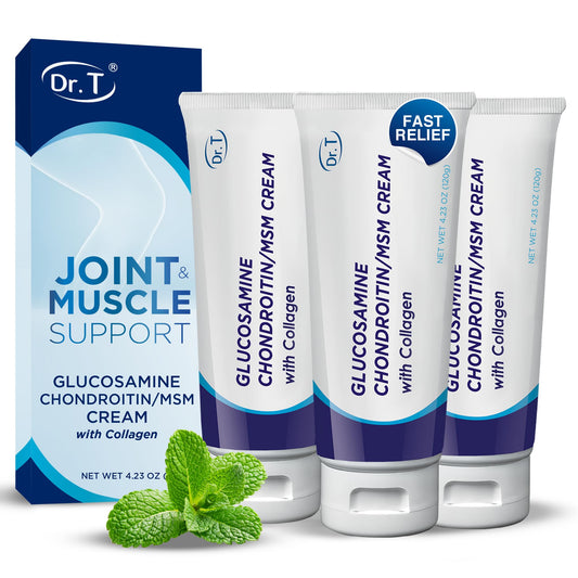 Dr. T Glucosamine Cream tube showing joint support ingredients for mobility.
