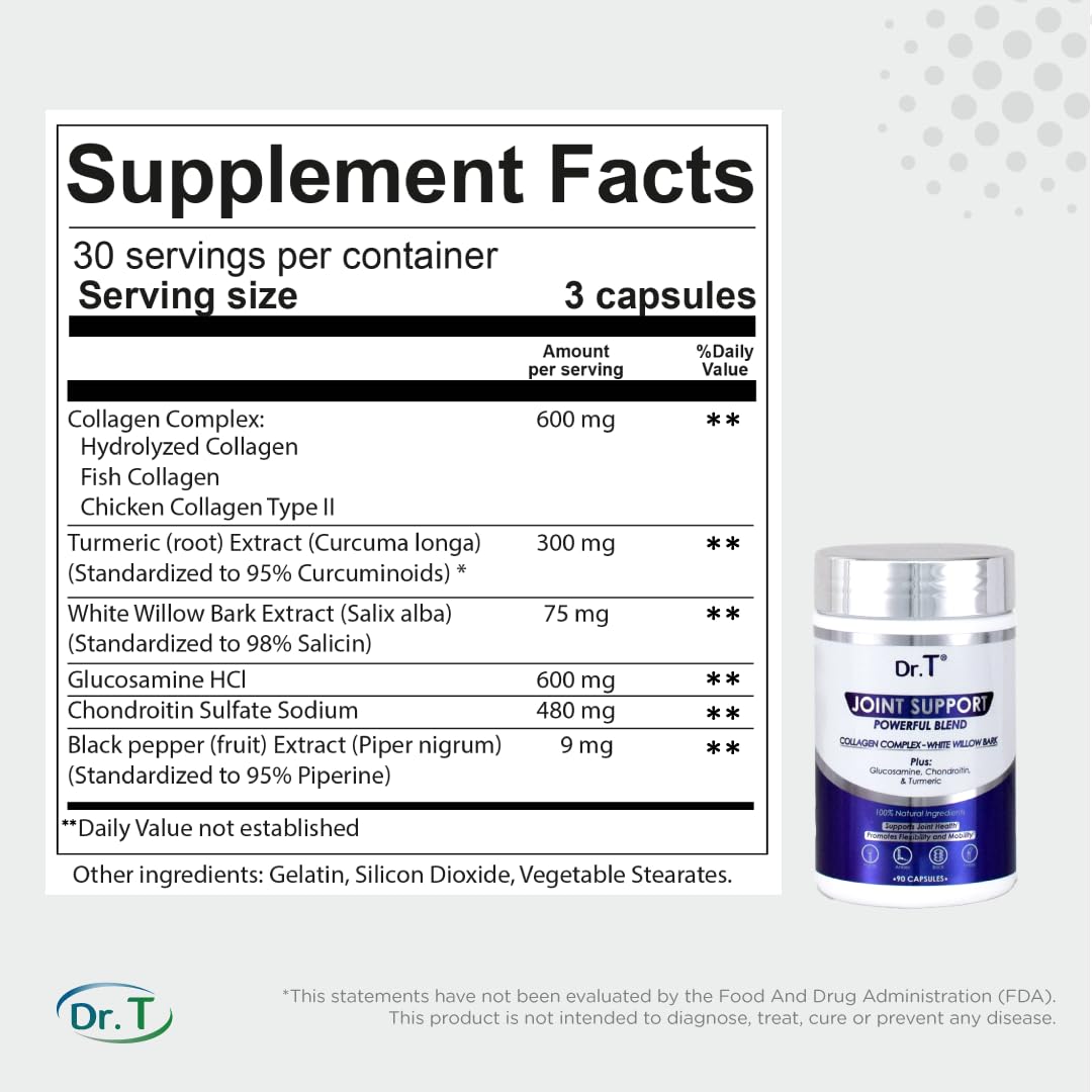 Dr. T supplement capsules showing collagen, glucosamine, chondroitin blend.