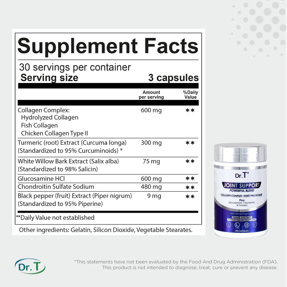 Dr. T supplement capsules showing collagen, glucosamine, chondroitin blend.