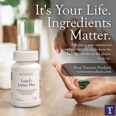 Dr. Tennant's iodine bottle with ingredients panel for informed use.