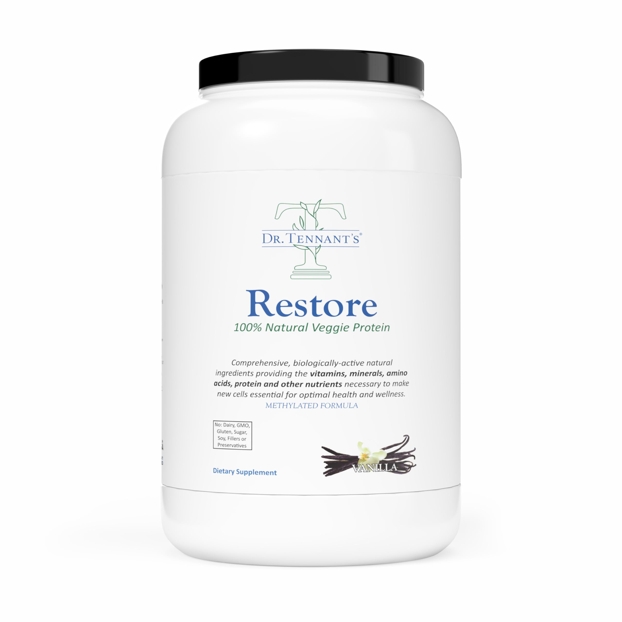 Dr. Tennant's Restore vanilla veggie protein tub on shelf for daily nutrition