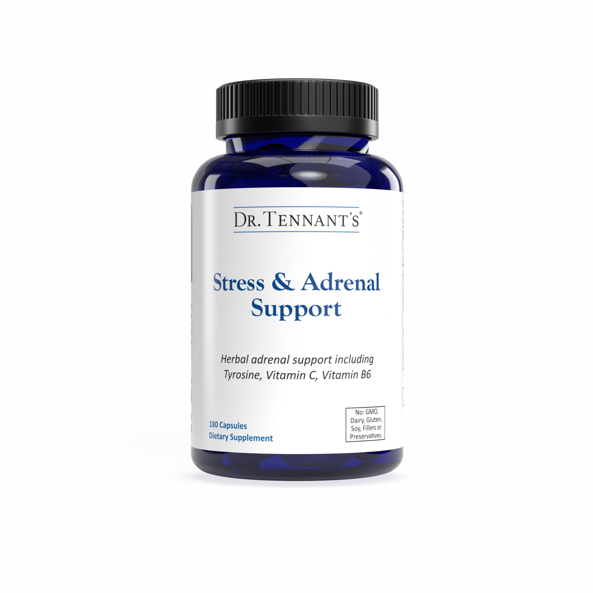 Dr. Tennant's Stress & Adrenal bottle on display, highlighting cortisol support.