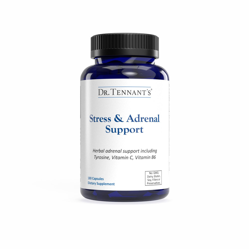 Dr. Tennant's Stress & Adrenal bottle on display, highlighting cortisol support.