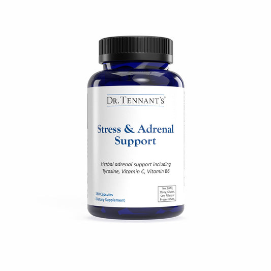 Dr. Tennant's Stress & Adrenal bottle on display, highlighting cortisol support.