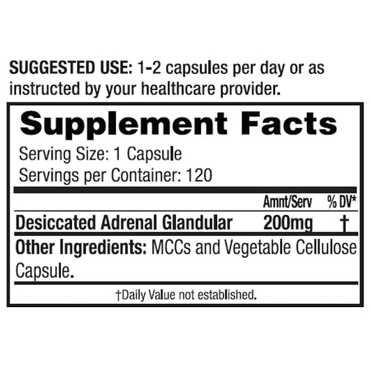 Dr. Tennant's Stress & Adrenal capsules close-up, showing 200 mg bovine adrenal per capsule.