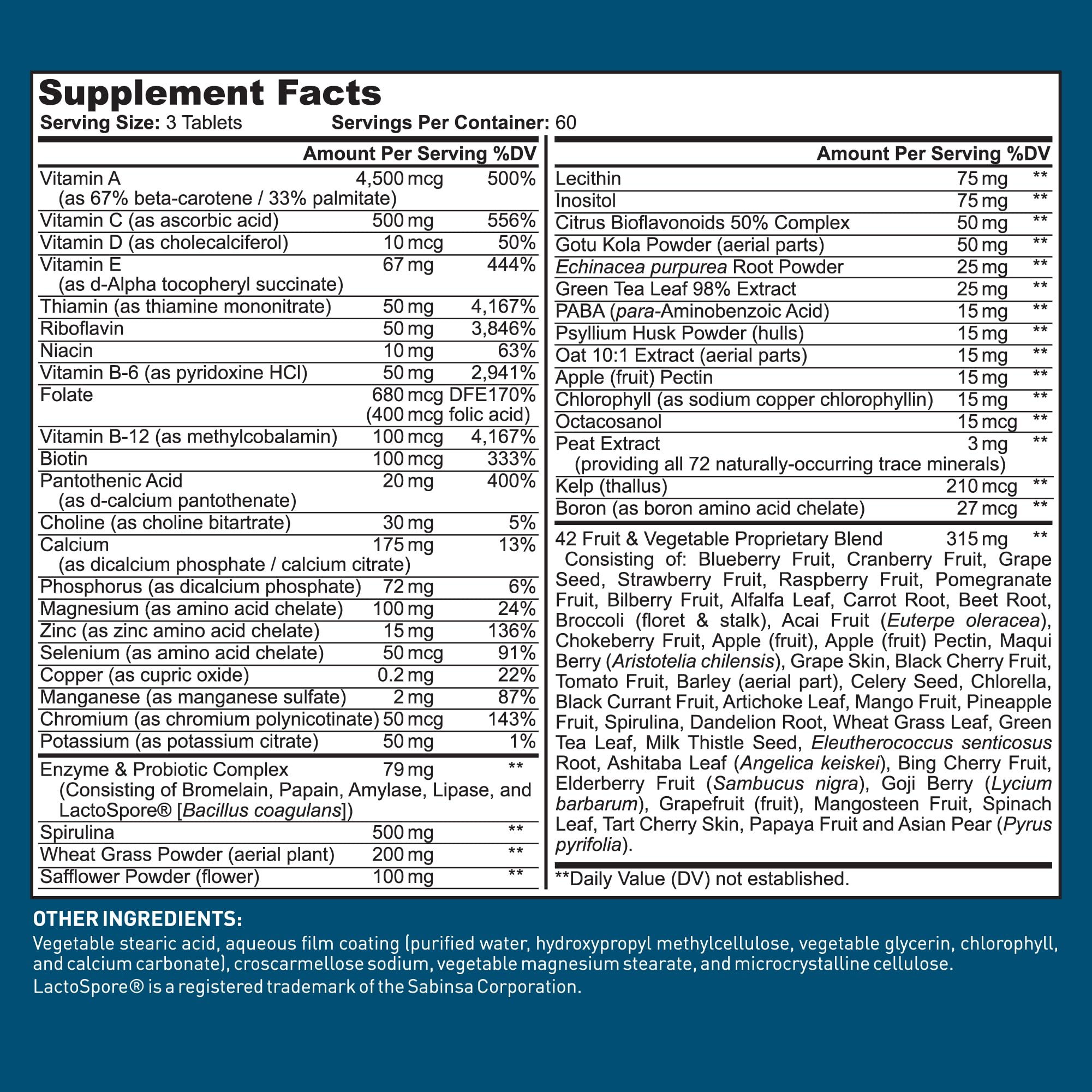 Dr. Tobias concept image of 42 fruits and vegetables on label