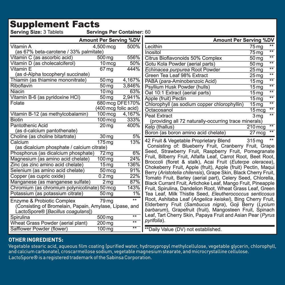 Dr. Tobias concept image of 42 fruits and vegetables on label