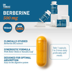 Dr. Tobias Berberine label closeup highlighting Berberine HCL and ingredients.