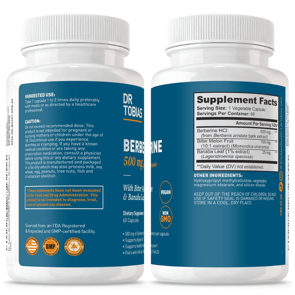 Dr. Tobias Berberine packaging emphasizing vegan and non-GMO formula.