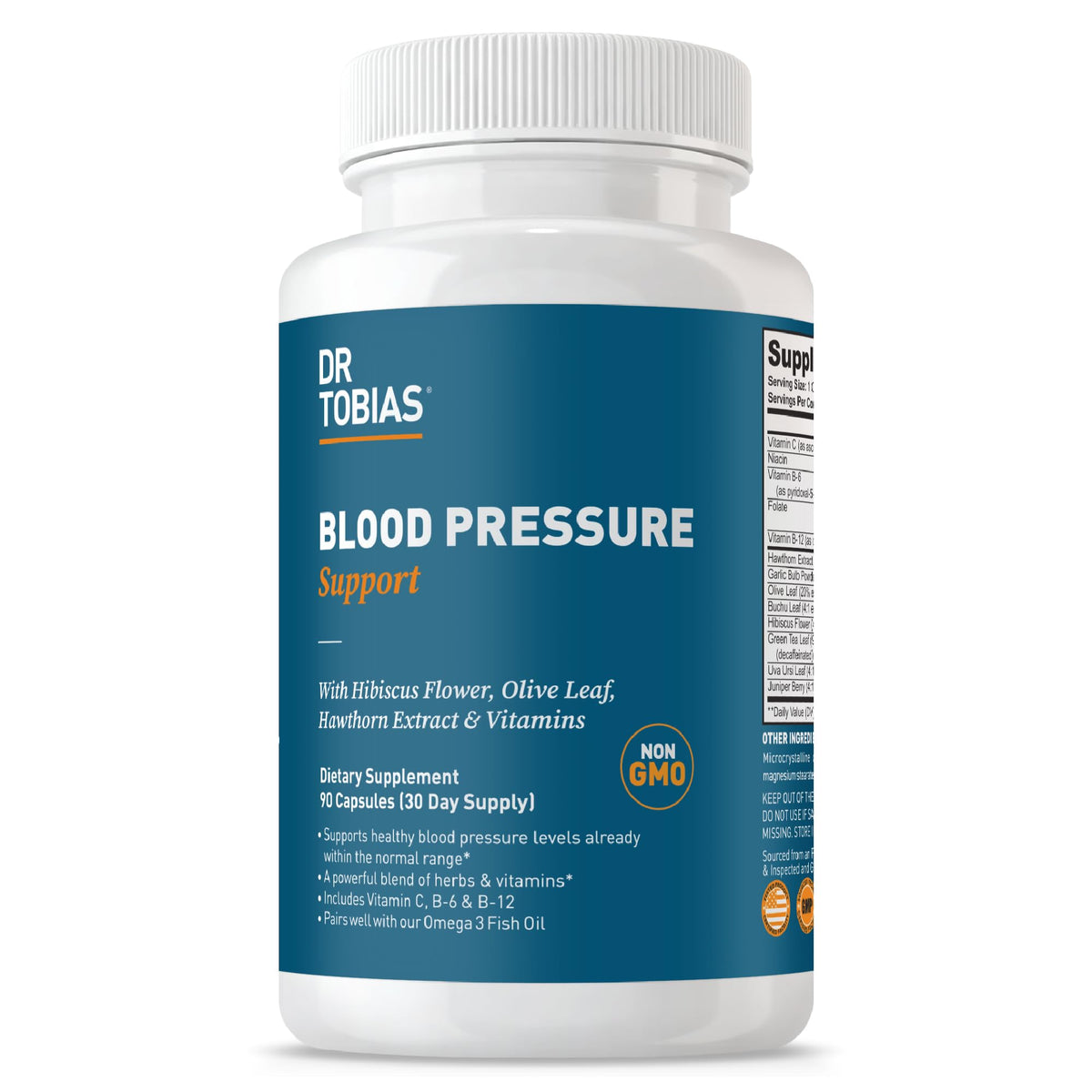 Dr. Tobias Blood Pressure Supplement bottle on a kitchen counter supports everyday circulatory health