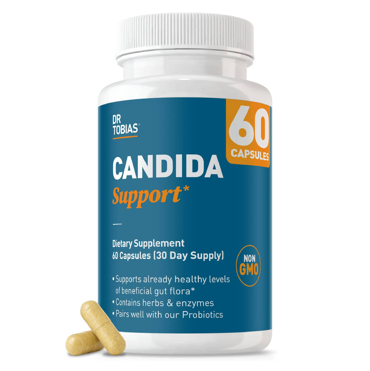 Dr. Tobias Candida Support bottle front promoting gut balance and daily wellness.