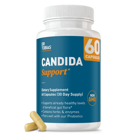 Dr. Tobias Candida Support bottle front promoting gut balance and daily wellness.
