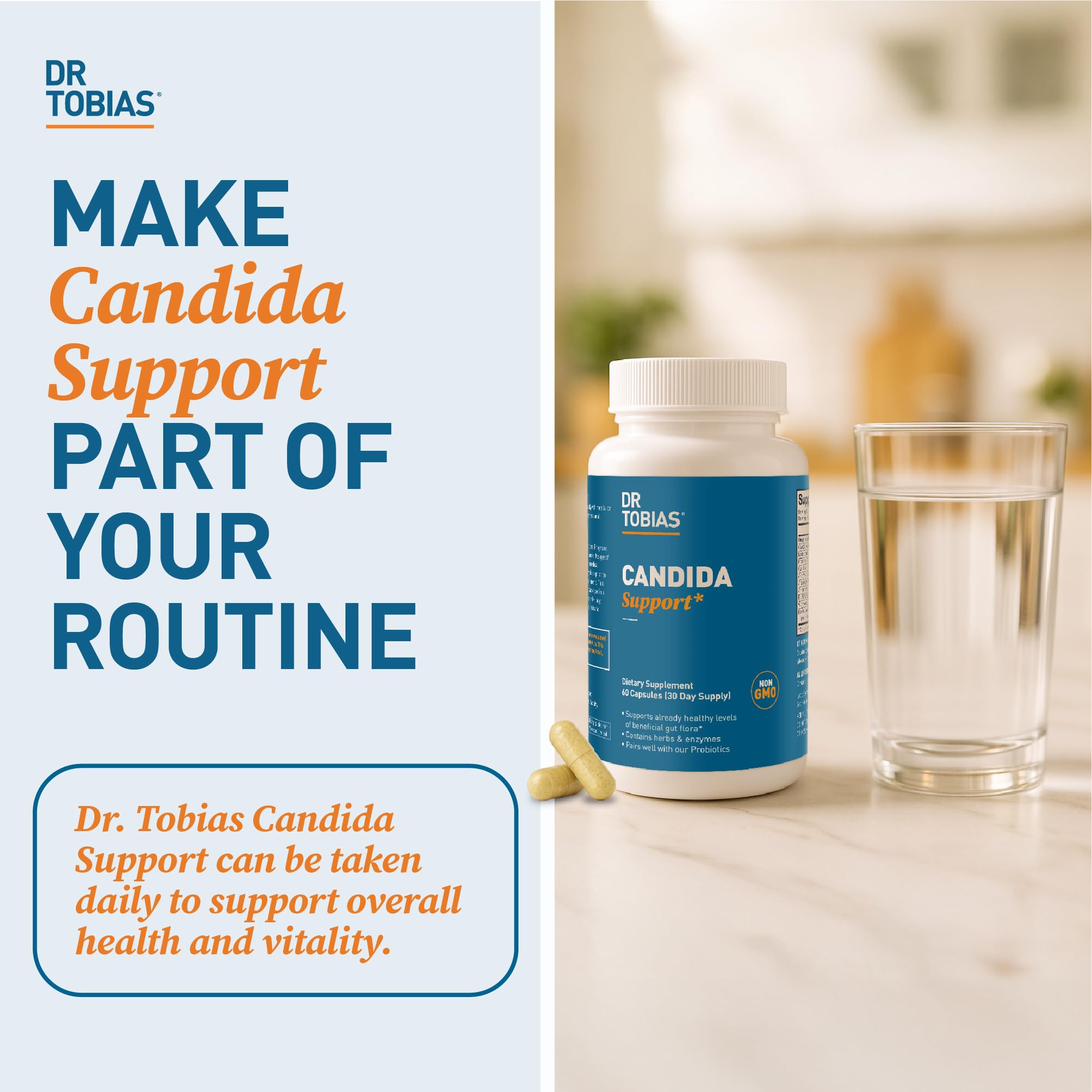 Dr. Tobias Candida Support capsules poured for easy daily use.