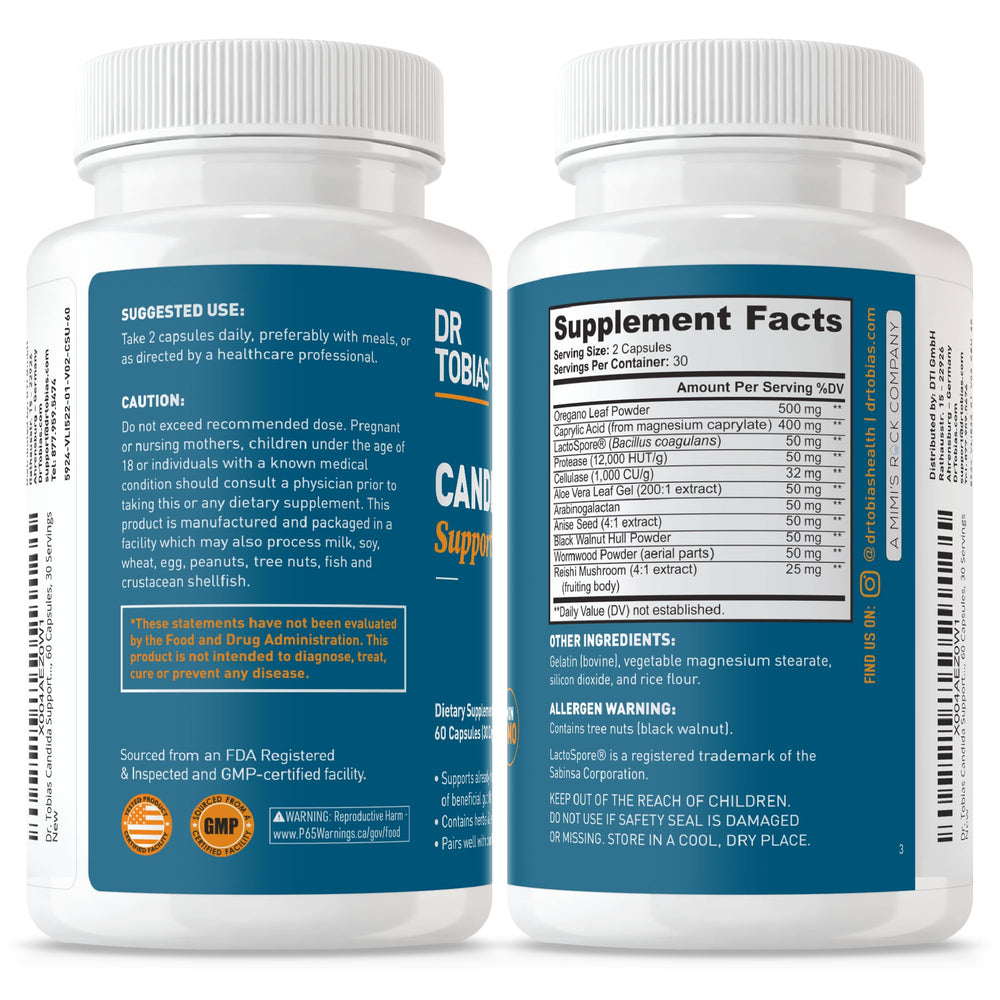 Dr. Tobias Candida Support probiotics-enzymes capsule display indicates digestion support.