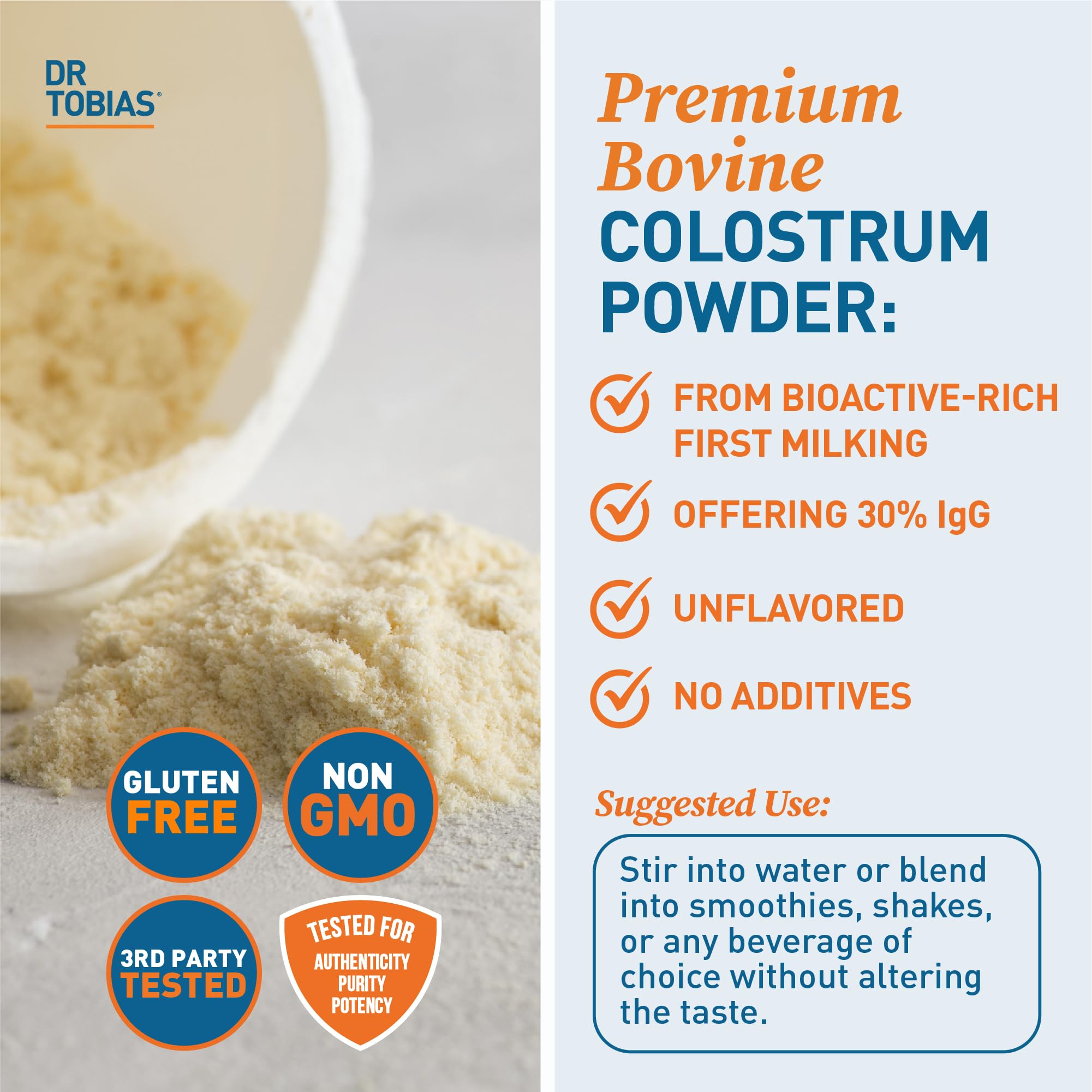 Dr. Tobias Colostrum powder dissolving into water; unflavored and simple to mix