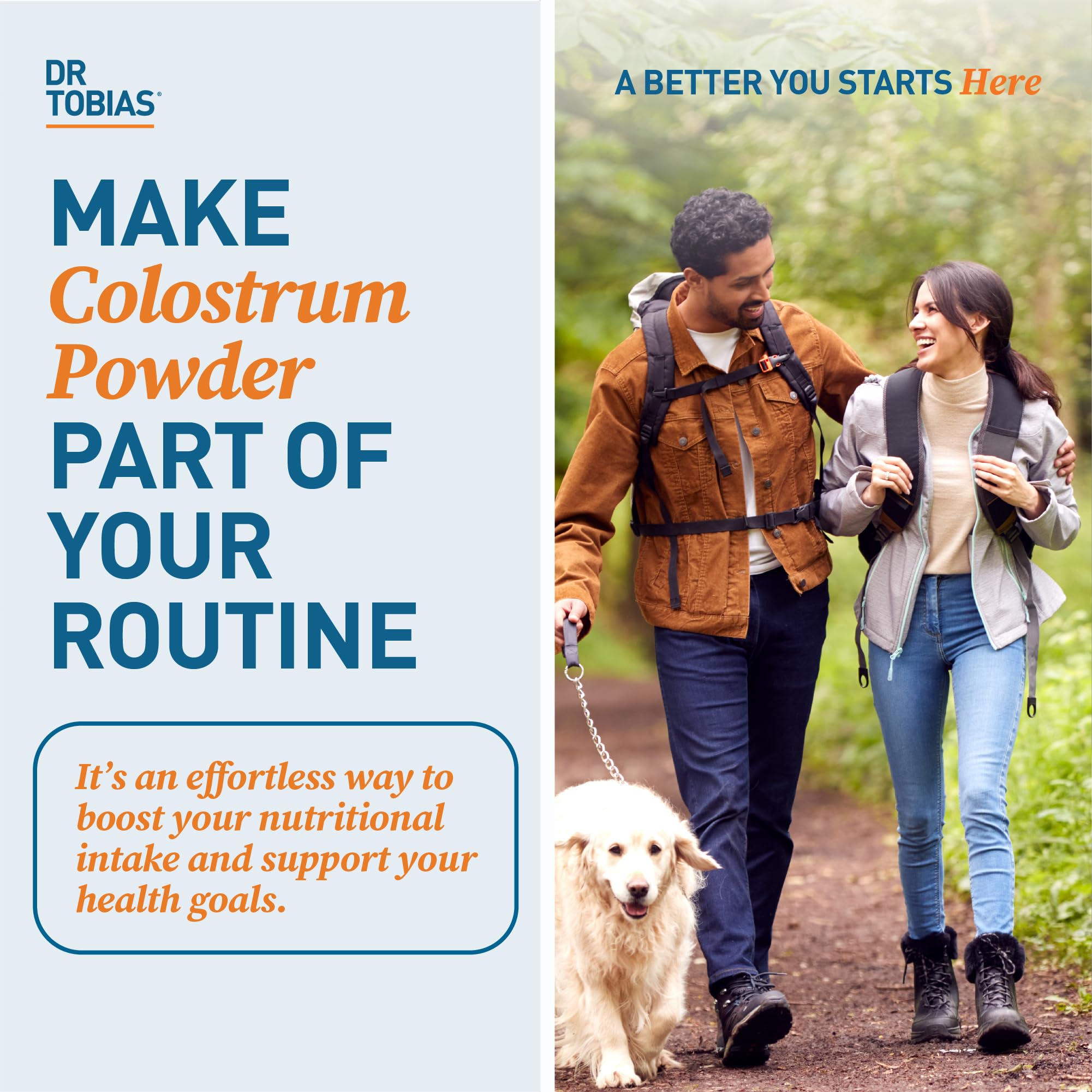 Dr. Tobias Colostrum powder packaging display; non-GMO and gluten-free assurances