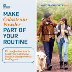 Dr. Tobias Colostrum powder packaging display; non-GMO and gluten-free assurances