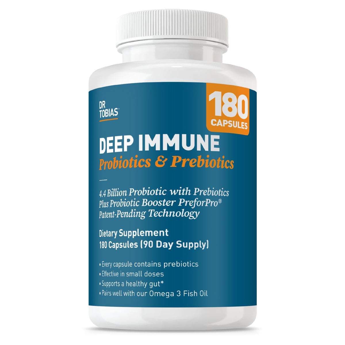 Dr. Tobias Deep Immune bottle for daily probiotic and prebiotic support.