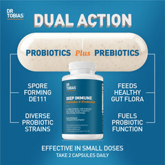 Close-up of Dr. Tobias Deep Immune label highlighting vegetarian, non-GMO formula.