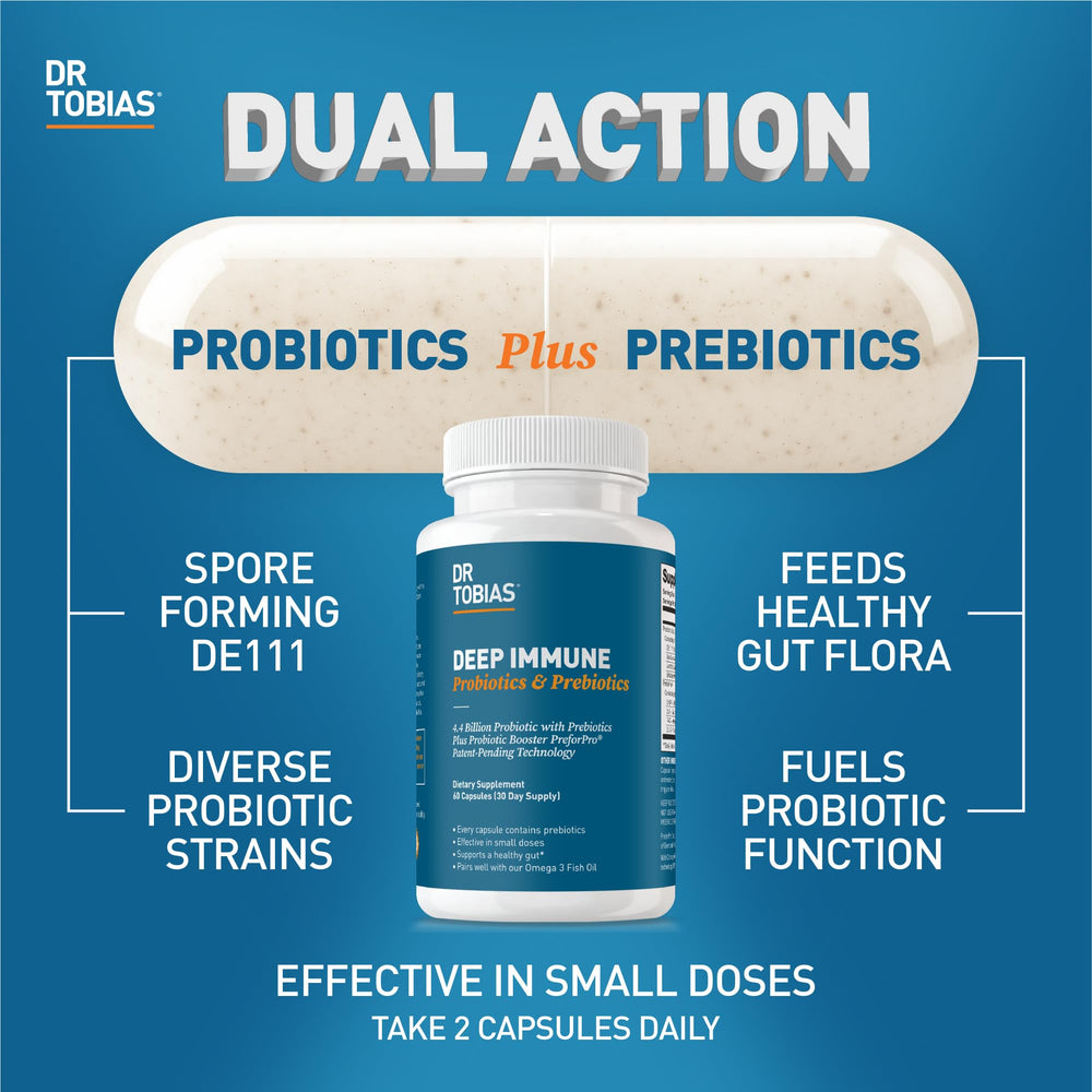 Dr. Tobias Deep Immune Probiotics capsules on white background for easy daily use